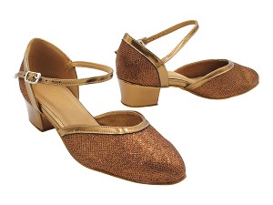 9621 Copper Glitter Satin & 171 Dark Tan Copper Trim 1.5" Medium Heel in the photo 