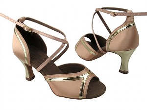 S92332 Flesh Satin & Shiny Gold Leather Trim with 2.5" Spool heel (PG) in the photo 